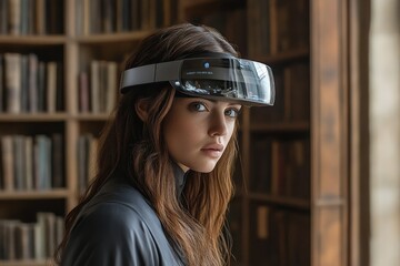 Poster - Young woman explores virtual reality technology in a library setting during daylight hours
