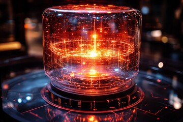 Poster - Cutting-edge technology display featuring a glowing interactive sphere with red and orange visuals