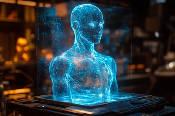 Fototapete - Virtual human technology display showcasing a digital humanoid figure in a futuristic laboratory setting