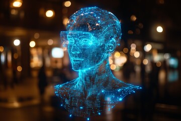 Aufkleber - 3D holographic projection of a digital human head in an urban setting at night
