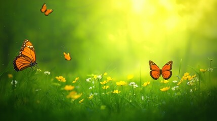 Poster - Spring meadow with wildflowers and butterflies in soft focus