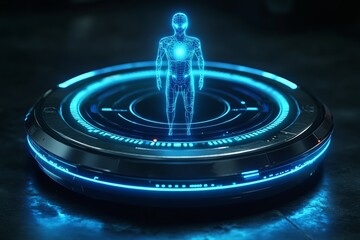 Poster - Futuristic holographic figure stands on a luminous platform emitting blue light in a dark setting