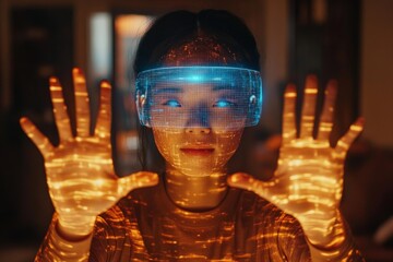 Poster - Young person wearing futuristic visor with glowing patterns on hands and face in a cozy indoor setting during evening
