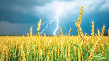 Poster - Thunderstorm over a wheat field, lightning illuminating the horizon