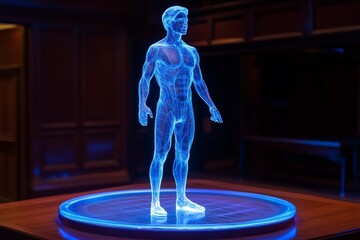 Poster - Holographic representation of a human figure illuminated in a dark, modern setting