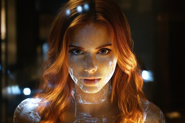 Aufkleber - Young woman with digital projections on her face in a futuristic setting
