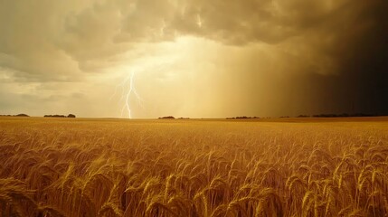 Aufkleber - Thunderstorm over a wheat field, lightning illuminating the horizon