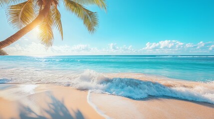 Aufkleber - Tropical beach with turquoise waves and palm trees under a summer sun