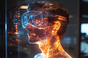 Aufkleber - Virtual reality engagement showcasing a person wearing advanced VR headset with digital overlays and glowing patterns