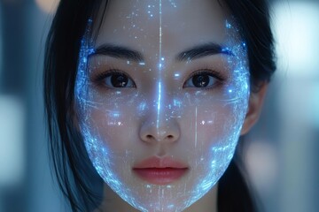 Aufkleber - Innovative digital art showcasing a woman's face illuminated with vibrant holographic patterns in a modern environment