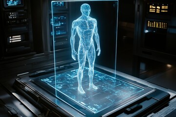 Aufkleber - Digital hologram of a human model displayed in a futuristic laboratory setting showcasing advanced technology and biomedical concepts
