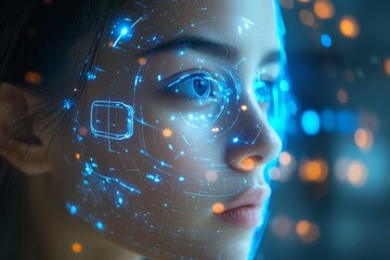 Aufkleber - Innovative technology displays digital interface on young woman's face during interactive experience