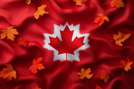 Happy Canada Day! This celebratory design is for July 1st. A design for congratulations including a crimson maple leaf and a realistic waving Canadian flag. Generative Ai
