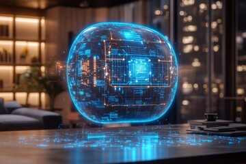 Aufkleber - Modern technology display showcasing a holographic data sphere in a sleek office environment at night