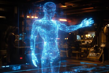 Poster - Holographic human figure interacting with digital interface in a futuristic laboratory setting