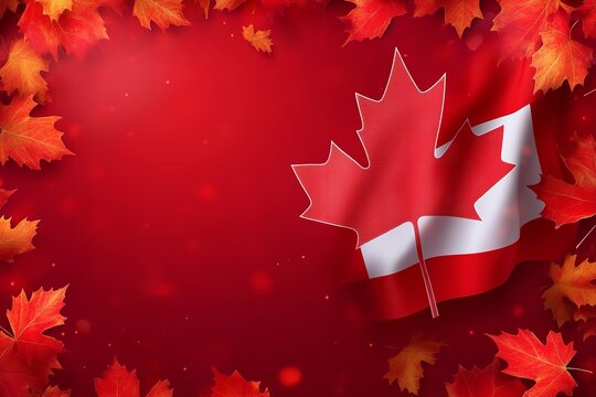 Happy Canada Day! This celebratory design is for July 1st. A design for congratulations including a crimson maple leaf and a realistic waving Canadian flag. Generative Ai