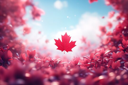 Happy Canada Day! This celebratory design is for July 1st. A design for congratulations including a crimson maple leaf and a realistic waving Canadian flag. Generative Ai
