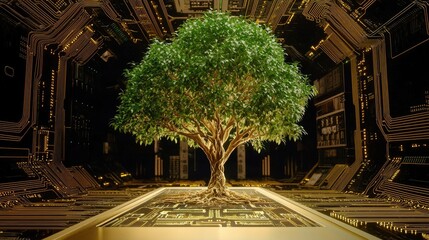 Poster - A digital tree emerging from a futuristic circuit board, symbolizing the harmony of tech and nature.