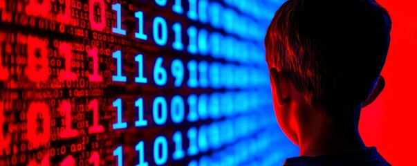 Child Contemplating Binary Code in Red and Blue Computer Programming Futuristic Display Scrutiny