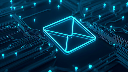 Poster - Neon Email Icon on Circuit Board Background for Digital Communication