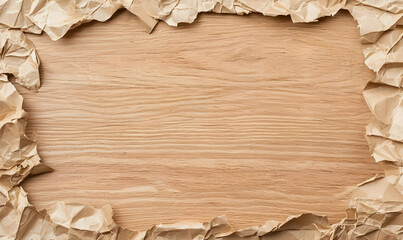 Poster - Crumpled Paper Border Surrounding a Natural Wood Surface Background