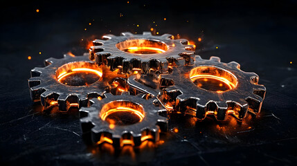 Poster - Shiny metallic gears with glowing orange sparks on dark background