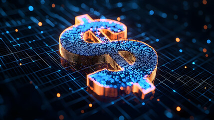 Poster - Digital Dollar Sign with Glowing Particles in a Tech Background