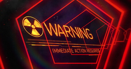 Poster - Image of warning text and data processing over neon tunnel