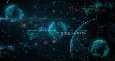 Poster - Image of data processing over globes on black background