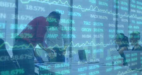 Poster - Image of financial data processing over diverse colleagues discussing work in office