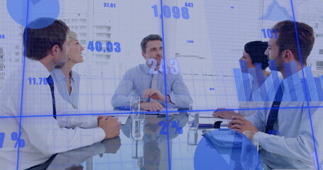 Poster - Image of financial data processing over diverse business people in office