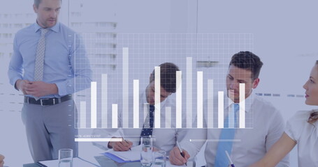 Poster - image of financial data processing over diverse business people in office