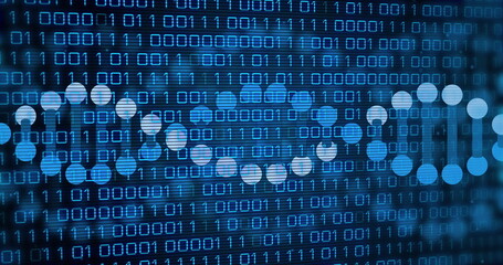 Poster - Image of dna strand over data processing on black background