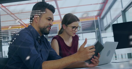 Poster - Image of financial data processing over diverse colleagues discussing work in office