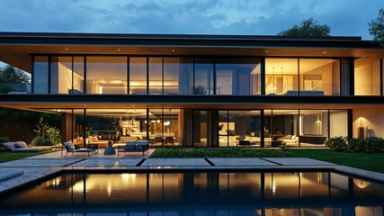 Modern Villa at Dusk with Warm Lights and Scenic Atmosphere – 4K