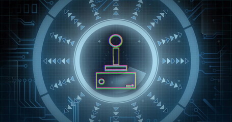 Poster - Joystick icon with geometric shapes and digital symbols in blue image