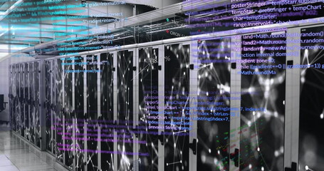 Poster - Computer code and data processing image over server racks in data center