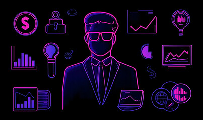 Poster - Businessman Surrounded by Data and Technology Icons in Neon Style