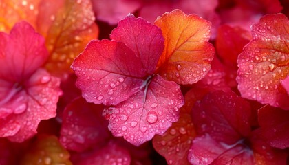 Wall Mural - Close-Up Of Vivid Red And Orange Leaves With Water Drops, Vibrant Autumn Colors, Nature s Beauty