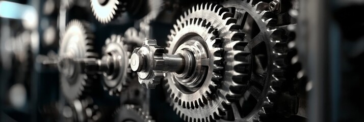 Poster - Close Up View of Interlocking Metal Gears and Machinery Components, Industrial Background
