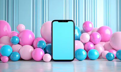Poster - Smartphone on Colorful Background with Pastel Balls and Blue Wall