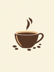 Aufkleber - Elegant minimalist coffee cup logo with steam and scattered beans in warm brown and beige tones