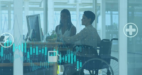 Poster - Image of energy icons and graph over diverse casual businesswomen talking at computer