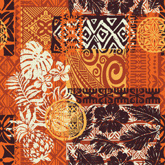 Wall Mural - hawaiian tribal elements and hibiscus fabric patchwork wallpaper vintage vector seamless pattern for
