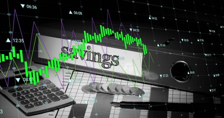 Poster - image of financial data processing over money, calculator and files