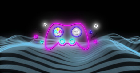 Poster - image of image game pad over neon pattern background