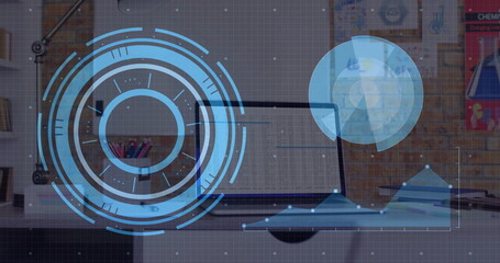 Poster - Image of data processing with scope scanning over laptop on desk in office