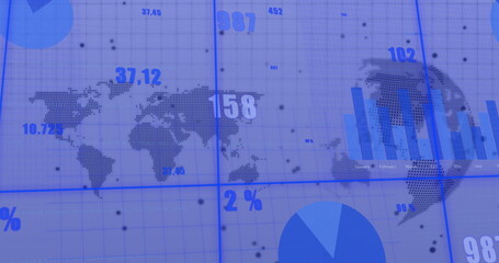 Poster - image of financial data processing over world map and globe on white background