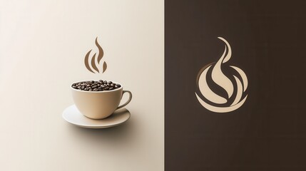 Aufkleber - Elegant minimalist logo of a coffee cup featuring steam and coffee beans in warm brown and beige tones for a contemporary design aesthetic