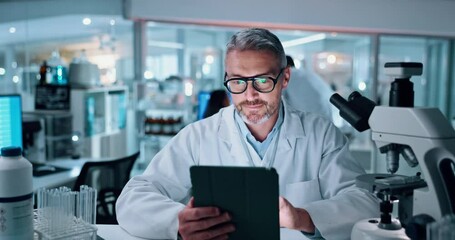 Poster - man, scientist and typing on tablet in lab for research, medical report and experiment results. matu